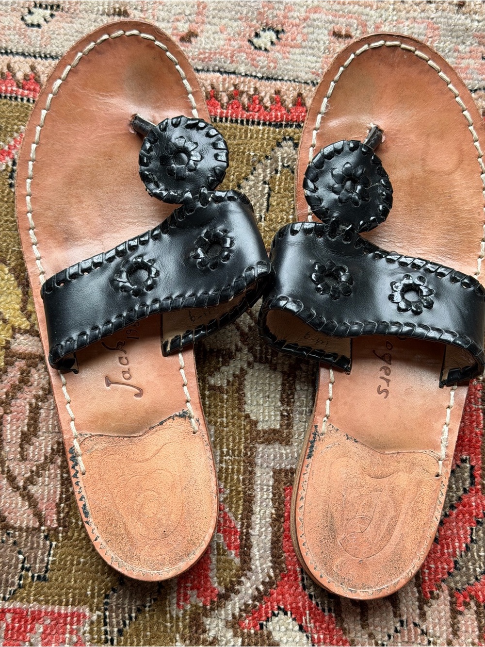 Jack Rogers Black Leather Sidney Sandals with Medallions
